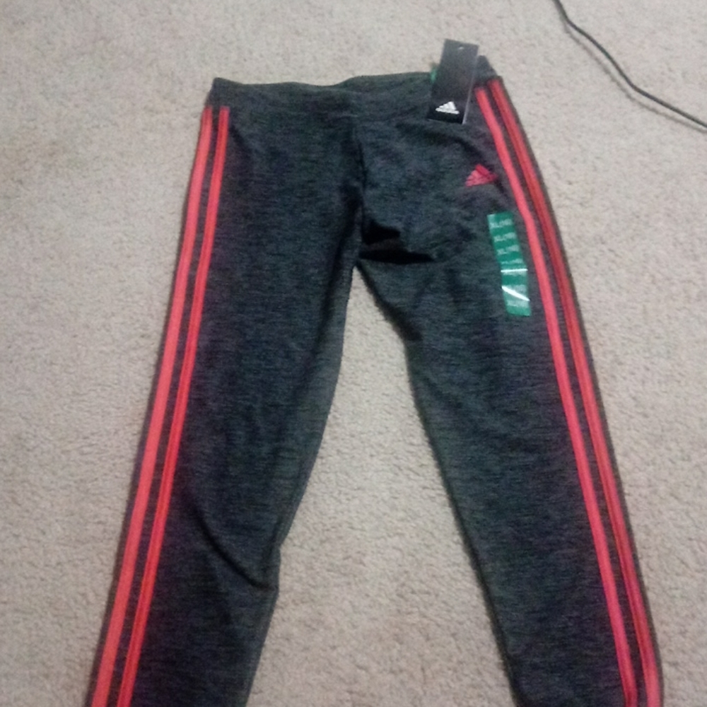 Charcoal Adidas leggings with hot pink stripes